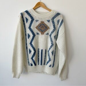 Elegant Cream and Blue Oversized Geometric Sweater